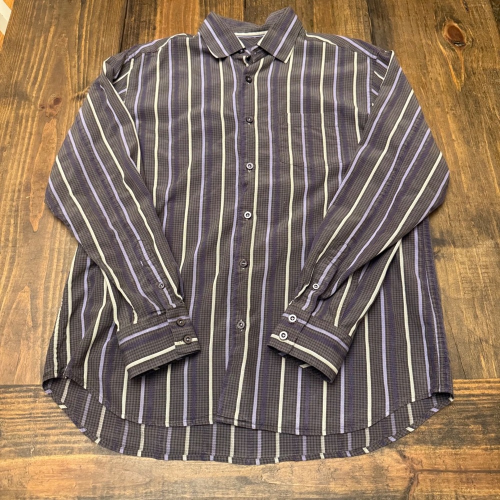 Tommy Bahama‎ Silk Striped Button Down Shirt Mens Medium Purple Gray, soft